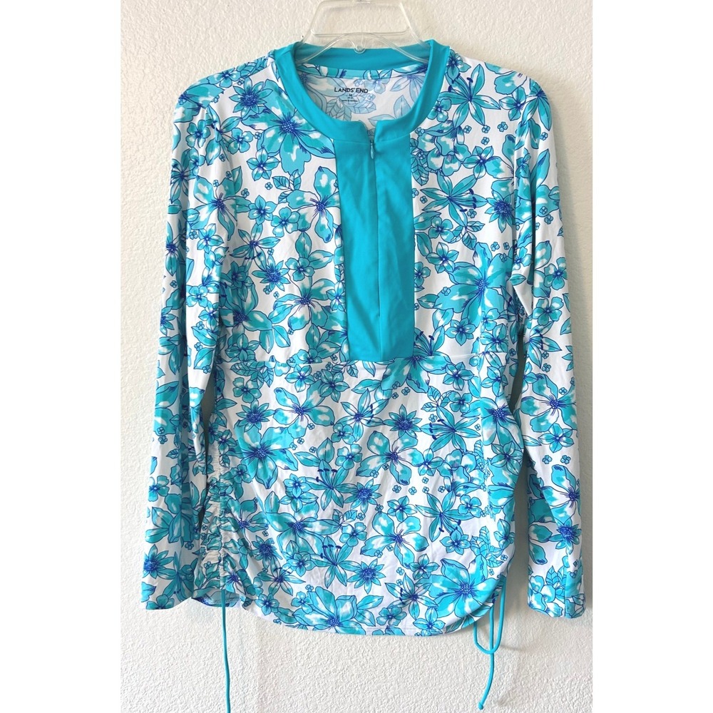 Lands End Floral Long Sleeve Rash Guard Swim Shirt Teal Zip Front SZ M